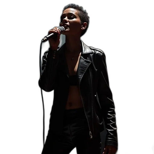jacket, person, black, leather, clothes, microphone, stage transparent PNG cut-out