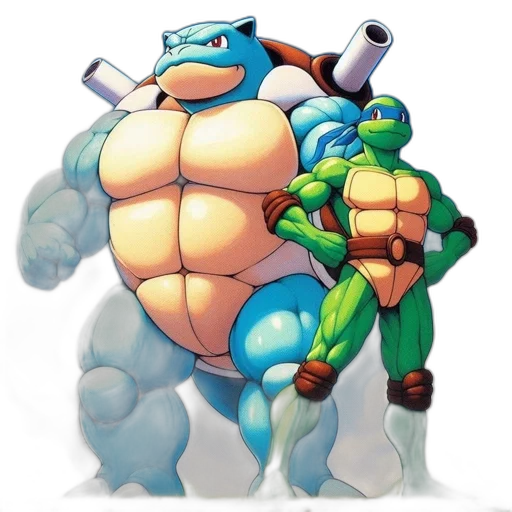 concept art, comic book art, pixel art, 3d render, two, anthropomorphic, turtles, one transparent PNG cut-out
