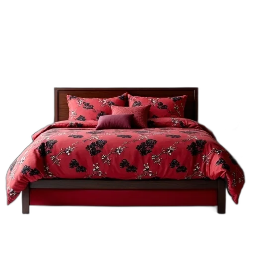 furniture, red, modern, bedroom, large, bed, featuring, black transparent PNG cut-out