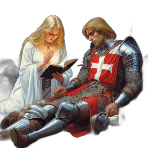 sword, fantasy art, concept art, comic book art, fire, two, people, knight transparent PNG cut-out