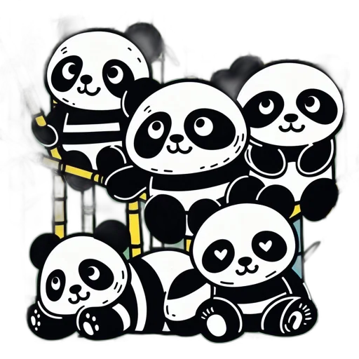 concept art, cartoon, monochrome, group, cartoonish, pandas, bright, bamboo transparent PNG cut-out