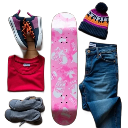 shoes, hat, colorful, neon, pastel, red, skateboard, pink transparent PNG cut-out