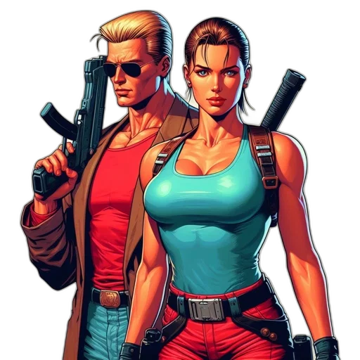 comic book art, cyberpunk, concept art, pixel art, red, two, armed, animated transparent PNG cut-out