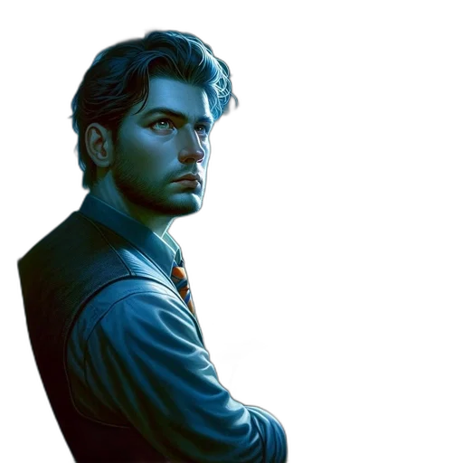 face, jacket, staff, comic book art, photorealistic, concept art, pixel art, blue transparent PNG cut-out