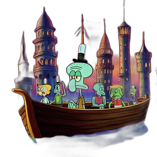 staff, concept art, cartoon, pixel art, fantasy art, underwater, fog, city street transparent PNG cut-out