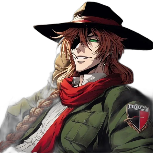 hat, jacket, staff, anime, comic book art, concept art, fantasy art, red transparent PNG cut-out