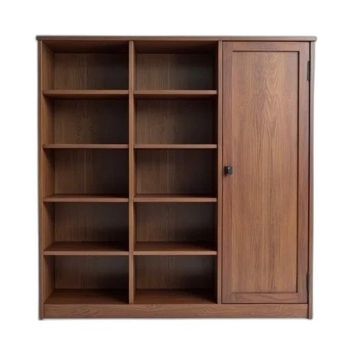 furniture, 3d render, wooden, bookshelf, closed, door, right, side transparent PNG cut-out