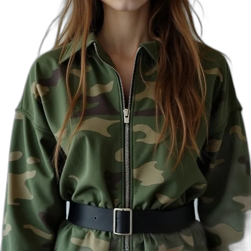 jacket, dress, face, green, earth tones, person, long, hair transparent PNG cut-out