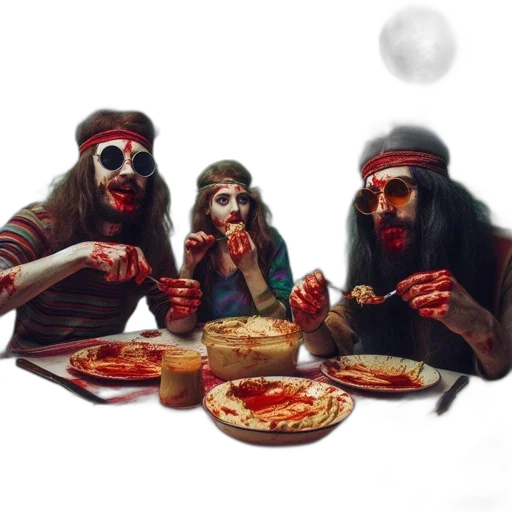 food, concept art, fantasy art, comic book art, pixel art, three, individuals, wearing transparent PNG cut-out