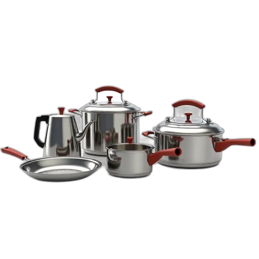 collection, stainless, steel, camping, cookware, displayed, white, background transparent PNG cut-out