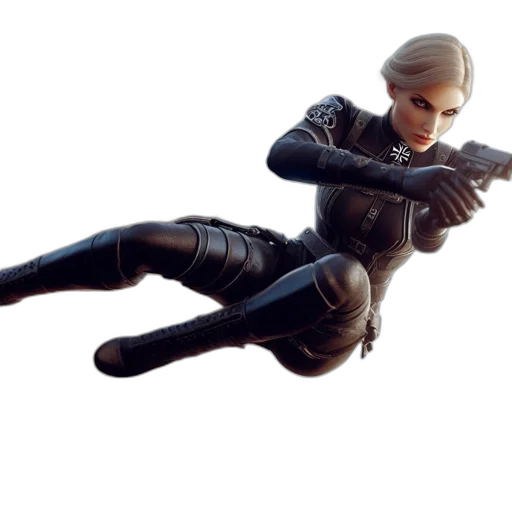 weapon, staff, jacket, concept art, 3d render, cyberpunk, photorealistic, woman transparent PNG cut-out