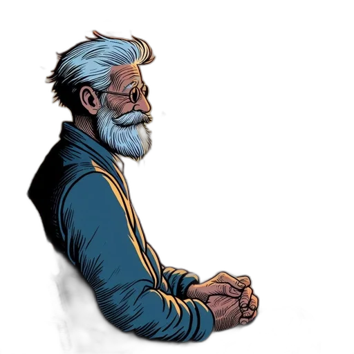 jacket, staff, comic book art, concept art, pixel art, cartoon, blue, elderly transparent PNG cut-out