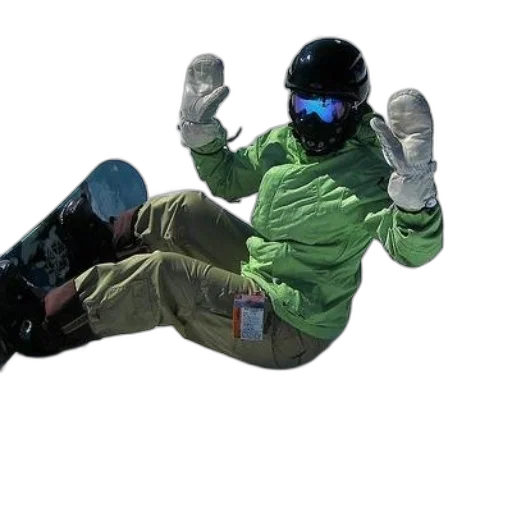 staff, jacket, snow, snowboarder, wearing, green, black, helmet transparent PNG cut-out