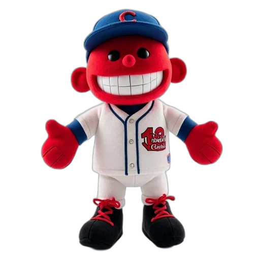 creature, plush, toy, red, blue, baseball, player, white transparent PNG cut-out