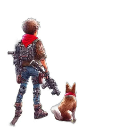 weapon, jacket, concept art, pixel art, cyberpunk, 3d render, boy, rifle transparent PNG cut-out