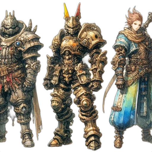 concept art, fantasy art, 3d render, golden, monochrome, three, characters, intricately transparent PNG cut-out