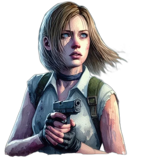 weapon, face, concept art, comic book art, pixel art, photorealistic, young, woman transparent PNG cut-out