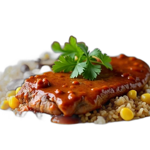 food, photorealistic, close-up, view, plate, piece, meat, covered transparent PNG cut-out