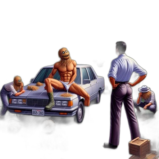 car, concept art, 3d render, comic book art, pixel art, city street, fire, scene transparent PNG cut-out