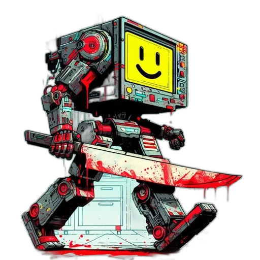 robot, weapon, staff, cyberpunk, concept art, pixel art, comic book art, anthropomorphic transparent PNG cut-out