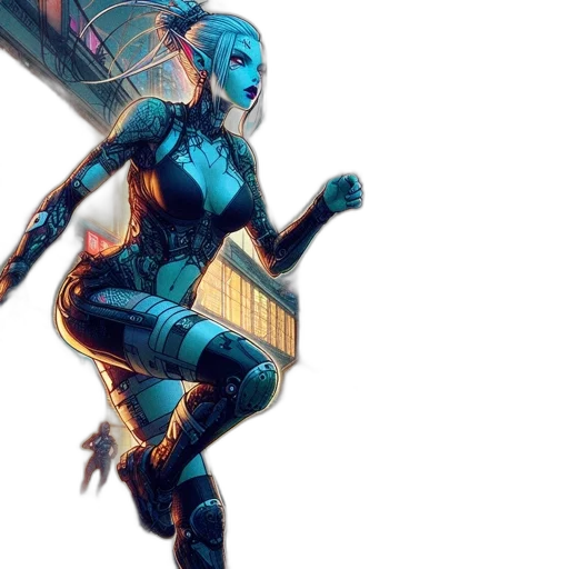 robot, comic book art, concept art, cyberpunk, fantasy art, outer space, blue, vibrant transparent PNG cut-out