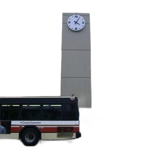 3d render, concept art, photorealistic, bus, parked, front, building, clock transparent PNG cut-out
