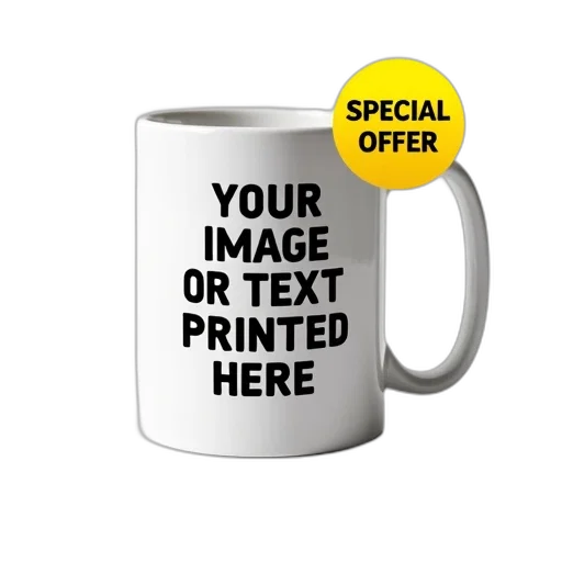 3d render, photorealistic, white, mug, black, text, design, reads transparent PNG cut-out