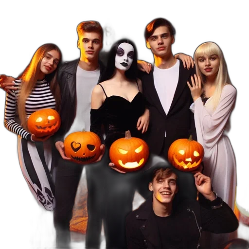 monochrome, six, people, halloween, costumes, gather, outside, amidst transparent PNG cut-out