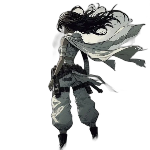weapon, sword, jacket, hair, concept art, comic book art, fantasy art, pixel art transparent PNG cut-out