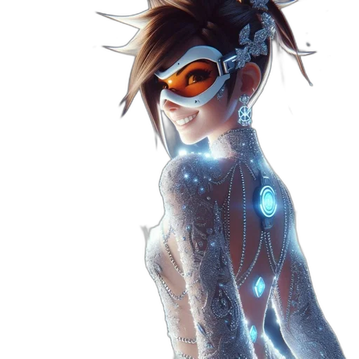 robot, dress, cyberpunk, concept art, 3d render, comic book art, neon lights, blue transparent PNG cut-out