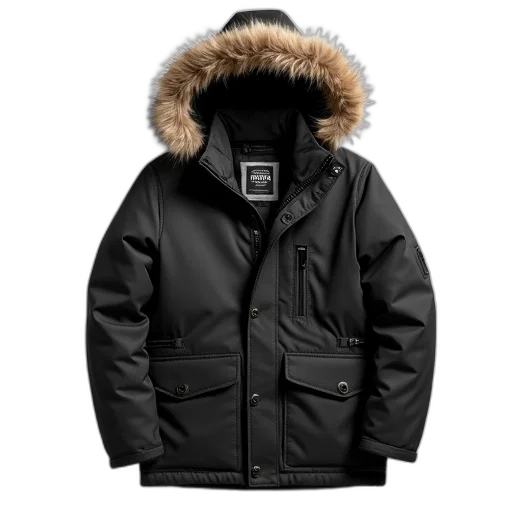 jacket, black, winter, fur-lined, hood, displayed, against, white transparent PNG cut-out