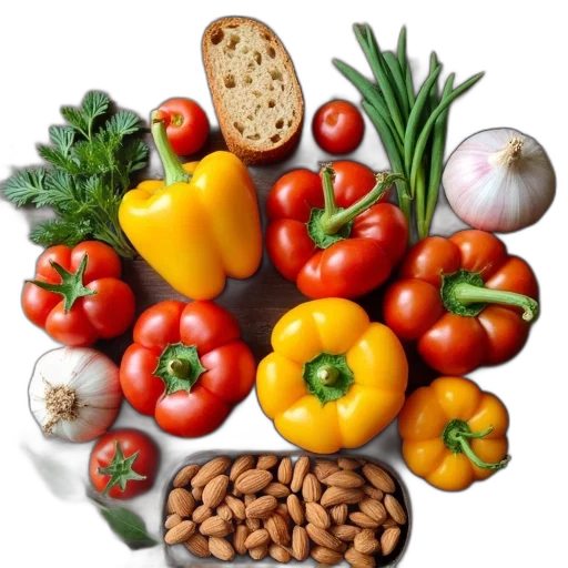 food, photorealistic, variety, fresh, vegetables, fruits, arranged, wooden transparent PNG cut-out