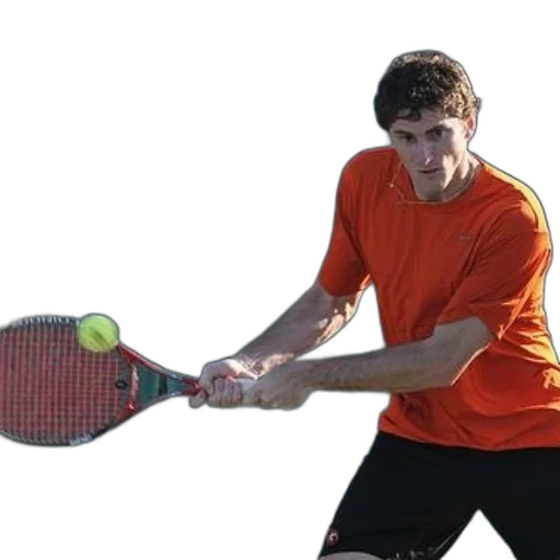 staff, photorealistic, man, orange, shirt, playing, tennis, green transparent PNG cut-out