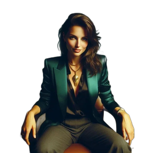 jacket, jewelry, photorealistic, woman, formal, ensemble, sits, against transparent PNG cut-out