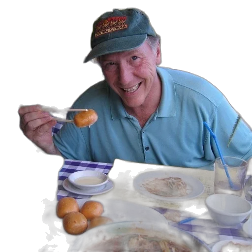 food, hat, creature, staff, photorealistic, vaporwave, man, blue transparent PNG cut-out