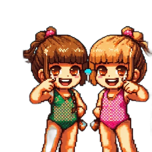pixel art, anime, cartoon, 3d render, two, girls, pigtailed, hair transparent PNG cut-out