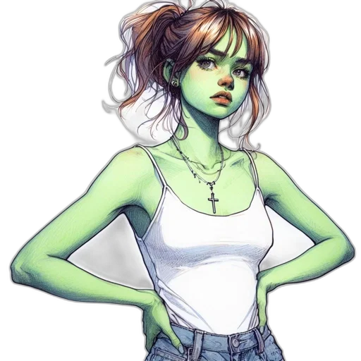 concept art, comic book art, fantasy art, pixel art, green, neon, female, character transparent PNG cut-out