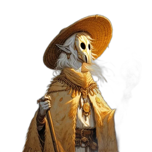 mask, hat, staff, jacket, concept art, fantasy art, photorealistic, 3d render transparent PNG cut-out
