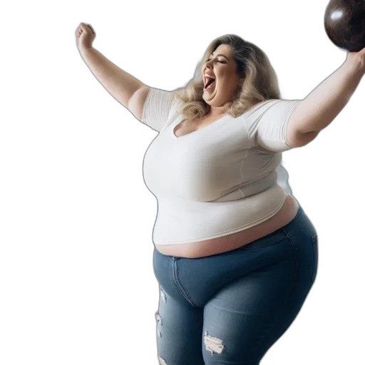 woman, blue, jeans, white, top, celebrates, bowling, alley transparent PNG cut-out