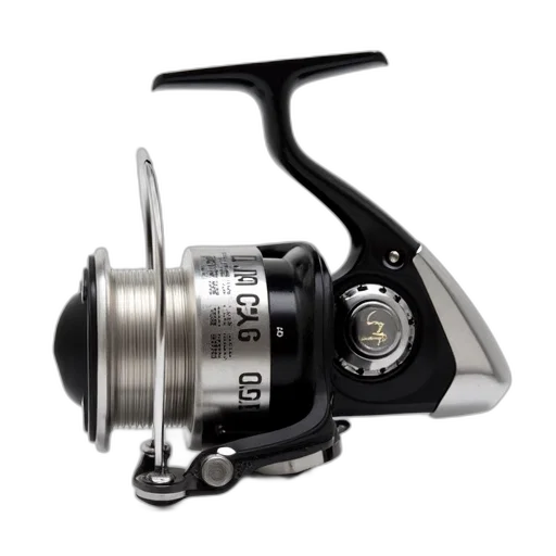 close-up, view, spinning, reel, black, silver, design, featuring transparent PNG cut-out
