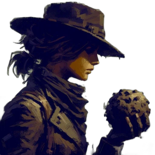 hat, jacket, weapon, staff, concept art, comic book art, fantasy art, pixel art transparent PNG cut-out