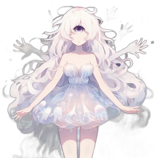 dress, creature, hair, mask, pixel art, anime, concept art, watercolor transparent PNG cut-out