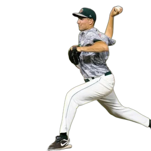 baseball, player, gray, white, uniform, captured, mid-pitch, field transparent PNG cut-out