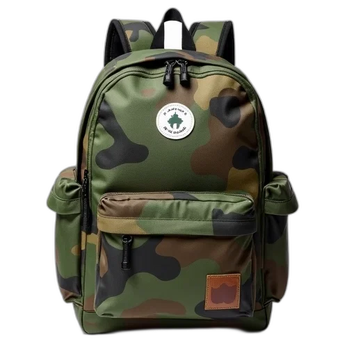 jacket, green, camouflage, backpack, white, logo, front, black transparent PNG cut-out