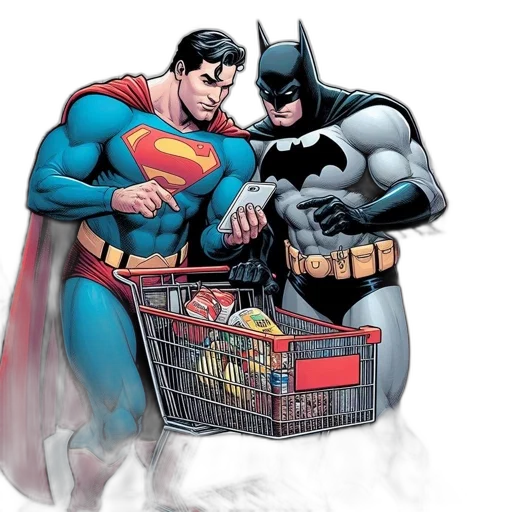 comic book art, concept art, superman, batman, casually, chat, supermarket, while transparent PNG cut-out