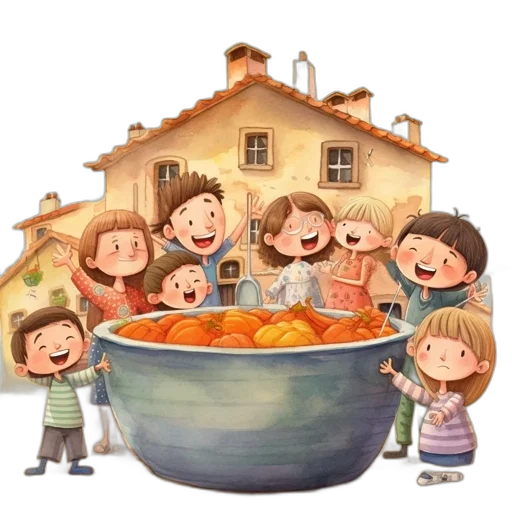 food, photorealistic, concept art, children, gather, around, orange-filled, bowl transparent PNG cut-out