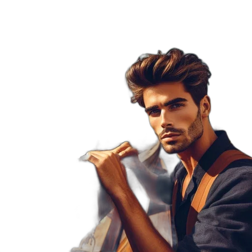 face, staff, jacket, concept art, fantasy art, photorealistic, pixel art, earth tones transparent PNG cut-out