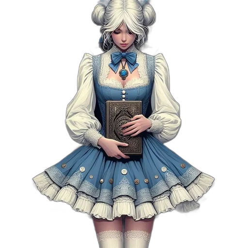 dress, staff, fantasy art, concept art, pixel art, anime, monochrome, blue transparent PNG cut-out