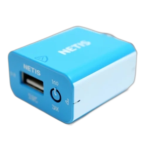 blue, white, portable, charger, brand, name, netis, front transparent PNG cut-out