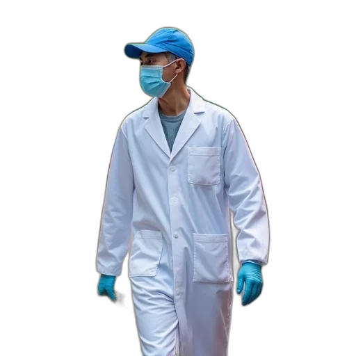 jacket, staff, mask, robot, vaporwave, concept art, photorealistic, 3d render transparent PNG cut-out